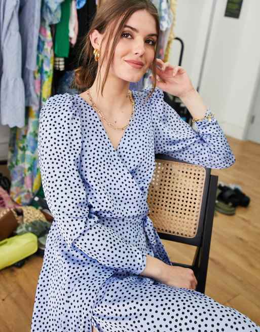 Wrap Dress Blue Polka Dot Dress Asos Vila Midi Wrap Dress With Balloon  Sleeves In White
