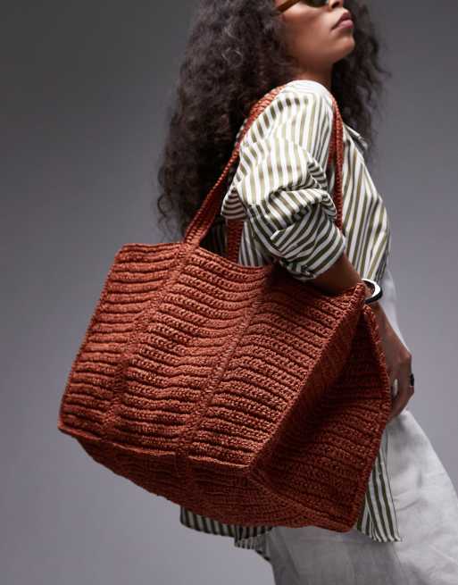 Mango extra large raffia bag with zip thorugh lining in burnt orange