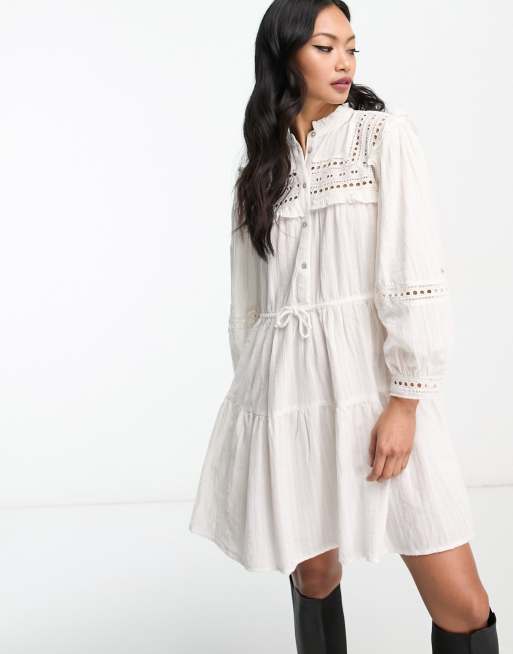 White Eyelet Dress, Long Sleeve Dress, White Cotton Dress, White