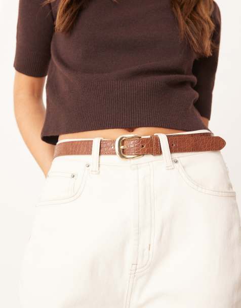Mango faux croc belt with gold tone buckle in brown - view 1