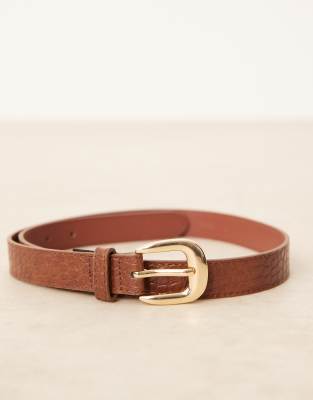 Mango Faux Croc Belt With Gold Tone Buckle In Brown