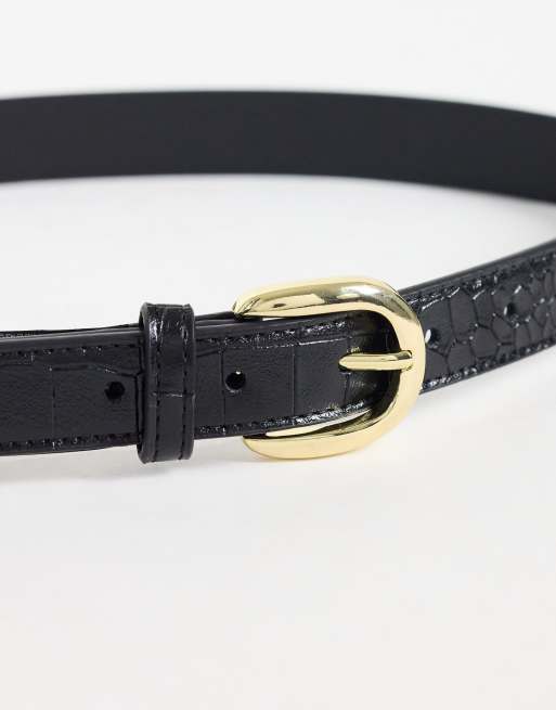 Mango faux croc classic belt in black, 2 of 3