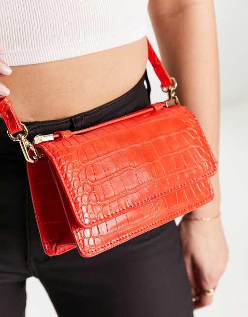 Mango faux croc detail cross body bag in red