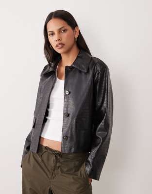 Mango Faux Croc Leather Jacket In Black