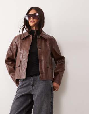 Mango Faux Croc Leather Jacket In Brown