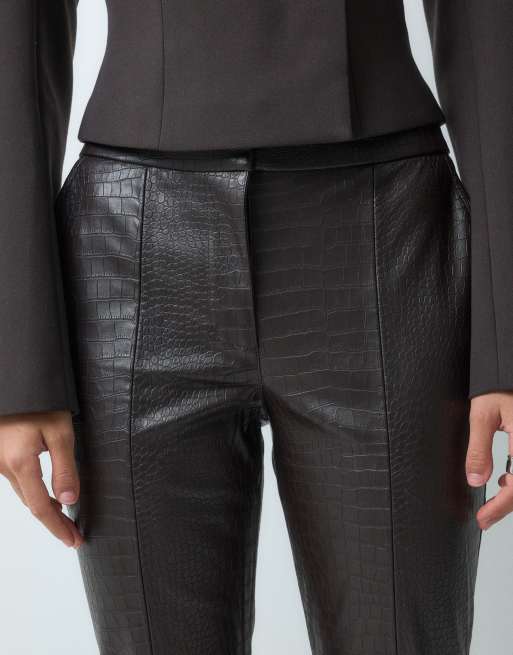 Mango faux croc straight trouser in brown, 4 of 5