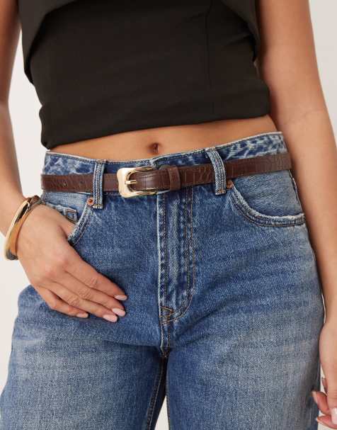 Mango faux croc textured belt in bown - view 1