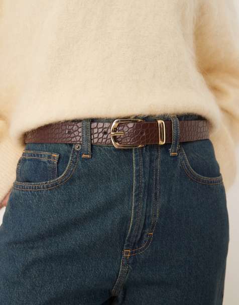 Mango faux croc textured belt in brown - view 1
