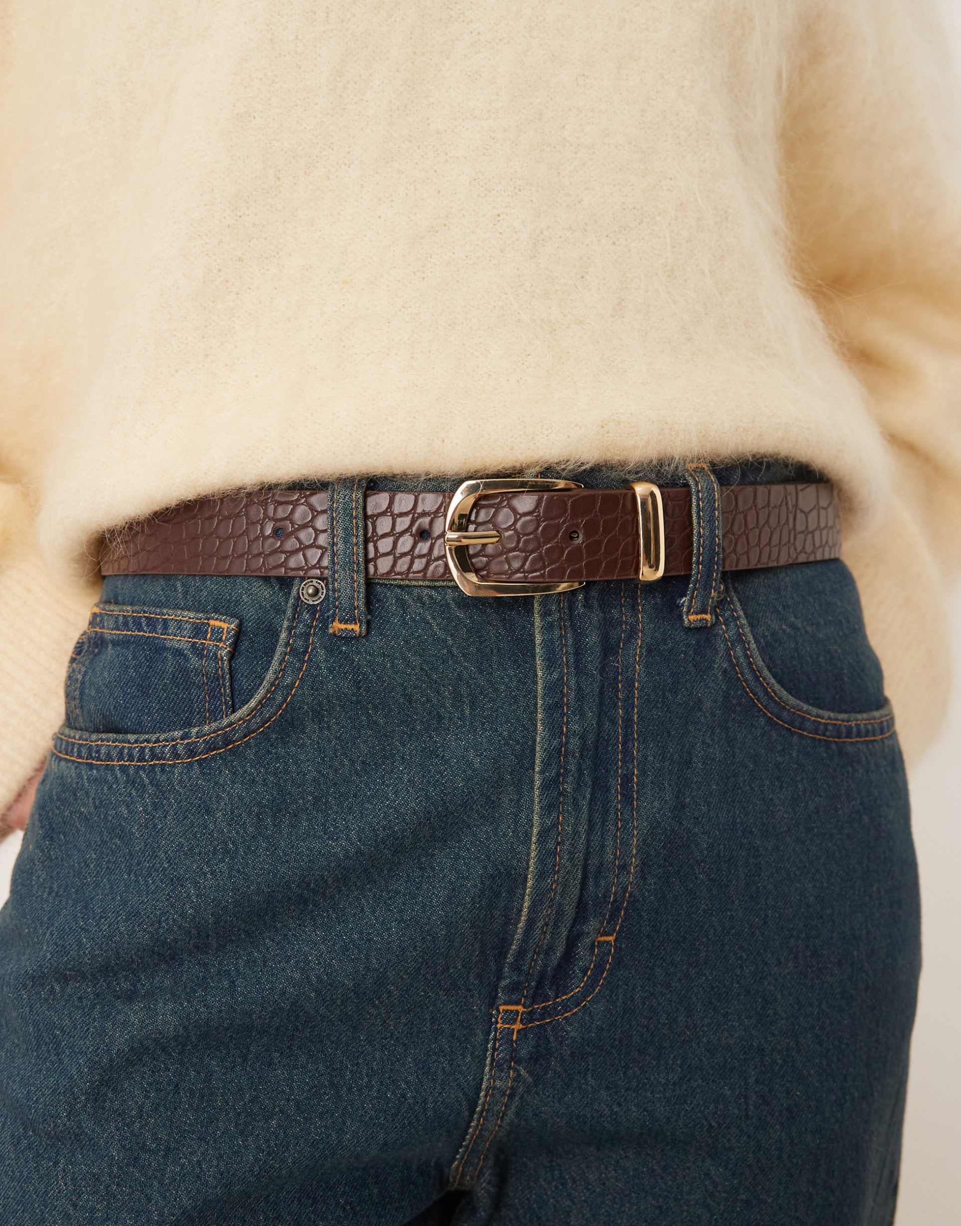 mango faux croc textured belt in brown