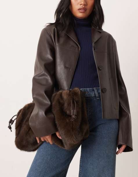 Mango faux fur clutch bag in chocolate - view 1