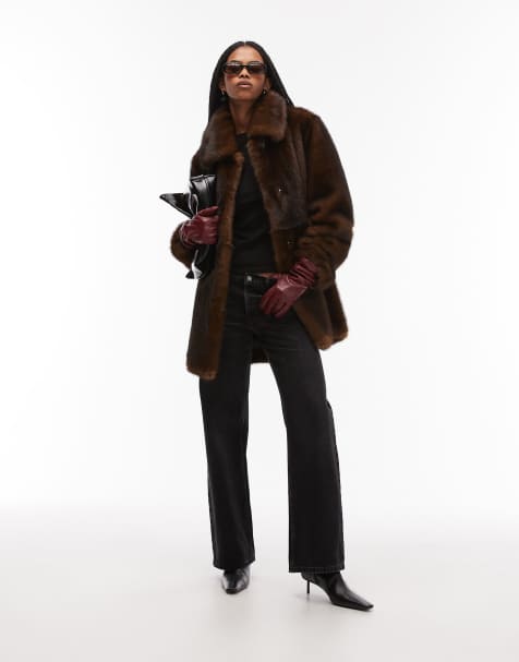 Mango faux fur coat with oversized collar in chocolate - view 1