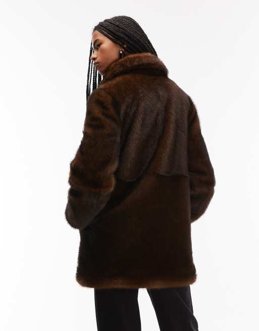 Mango faux fur coat with oversized collar in chocolate