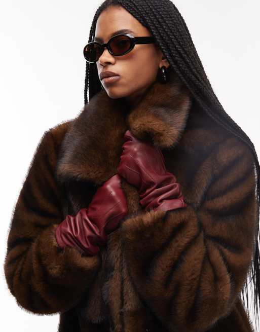 Mango faux fur coat with oversized collar in chocolate