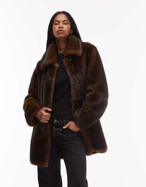 Mango faux fur coat with oversized collar in chocolate