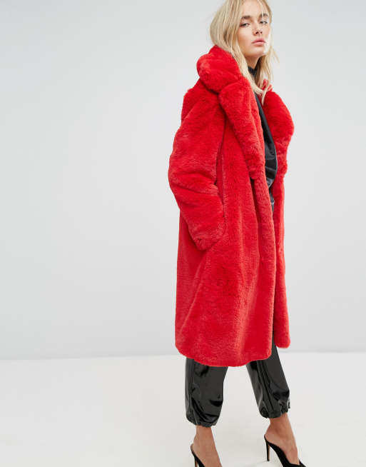 Asos red cheap fur coat