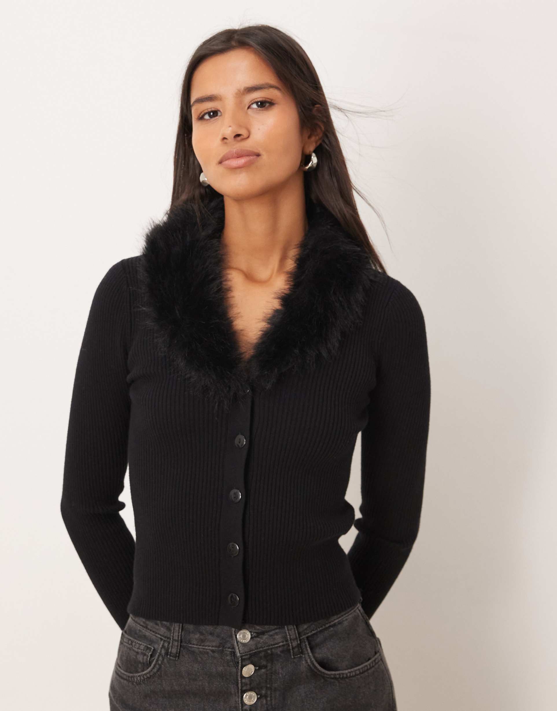 mango faux fur collar cardigan in black