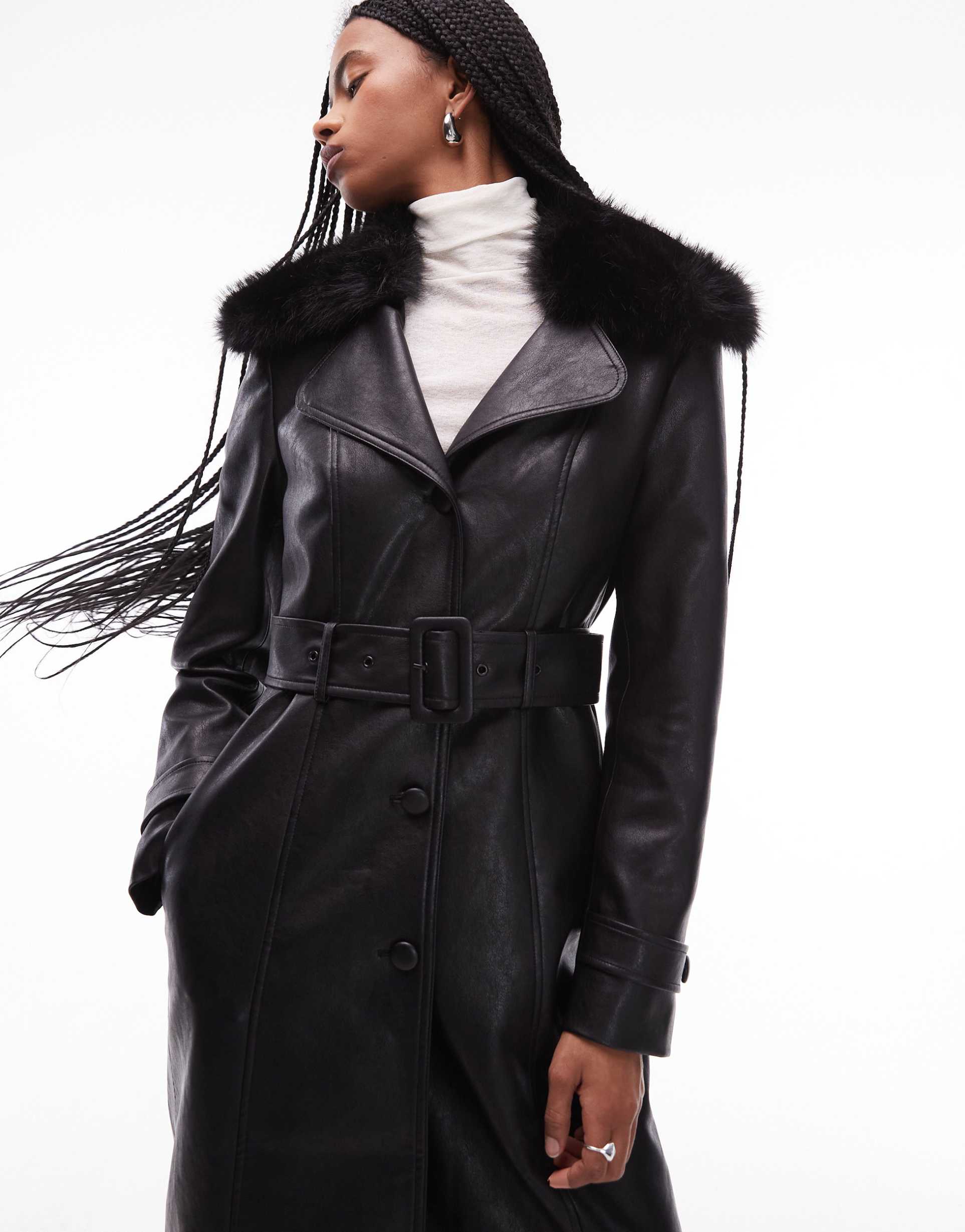 mango faux fur collar faux leather trench coat in black