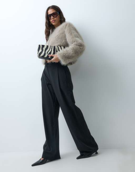Mango faux fur collarless jacket in stone , 2 of 5