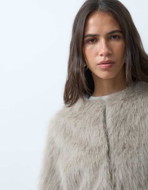 Mango faux fur collarless jacket in stone , 3 of 5
