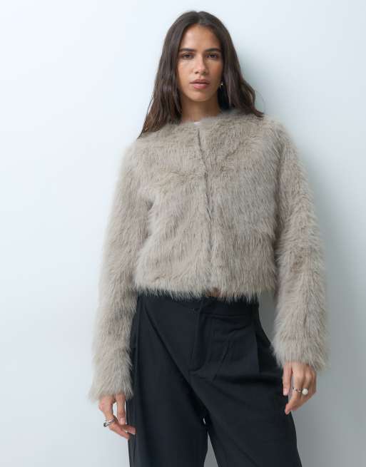 Mango faux fur collarless jacket in stone , 4 of 5