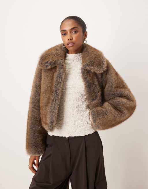 Mango faux fur cropped jacket with collar detail in beige