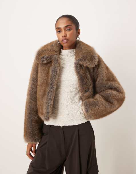 Mango faux fur cropped jacket with collar detail in brown