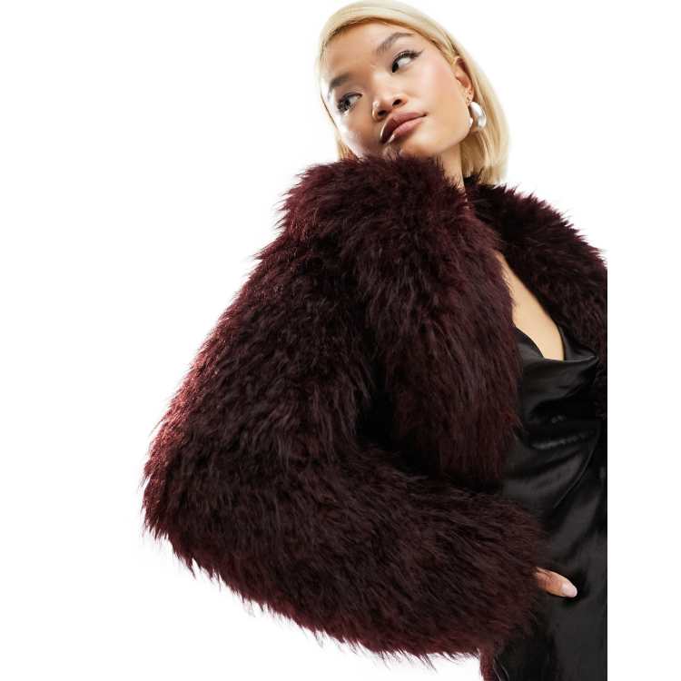 Mango faux fur jacket in dark red ASOS