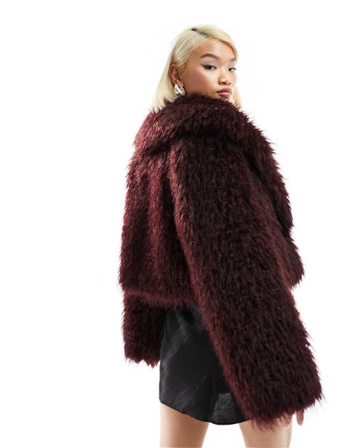 Mango faux fur jacket in dark red