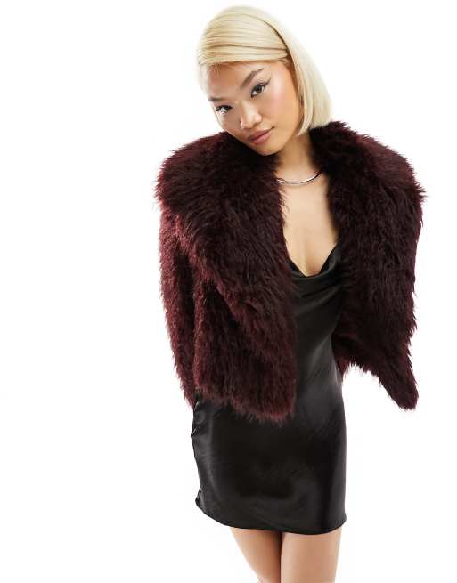 Mango faux fur jacket in dark red