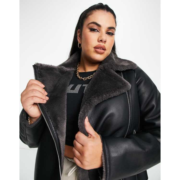 Mango faux fur lined aviator jacket in black