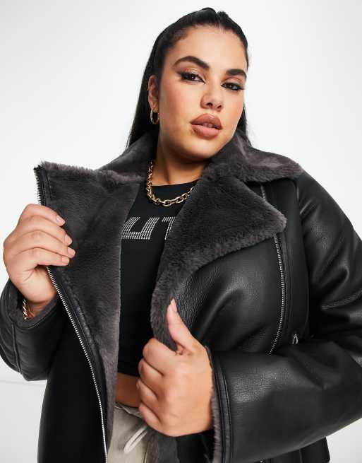 Plus size 2024 leather aviator jacket