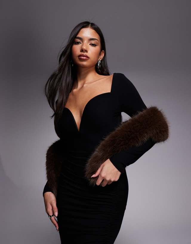 ASOS DESIGN long sleeve deep plunge neck maxi dress with v-bar trim in black