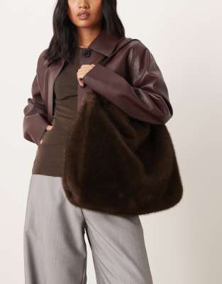 Mango Faux Fur Oversized Shoulder Bag In Brown