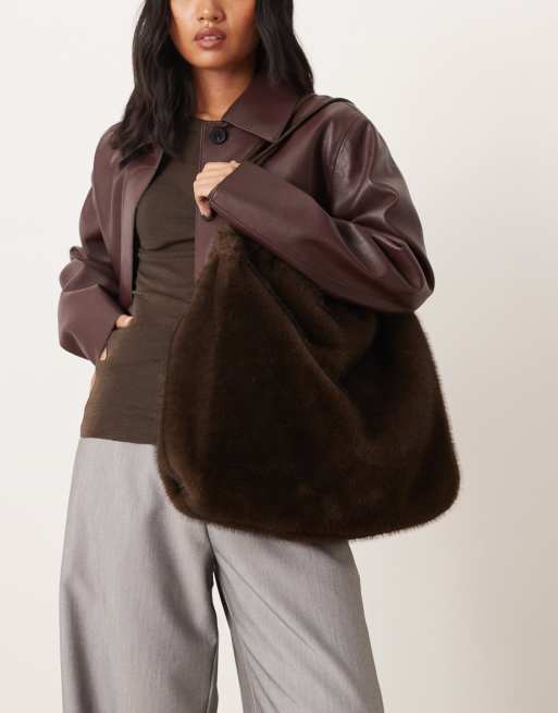 Mango faux fur oversized shoulder bag in chocolate
