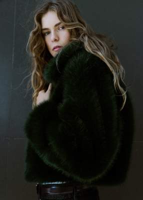 Mango Faux Fur Short Jacket With Collar In Green