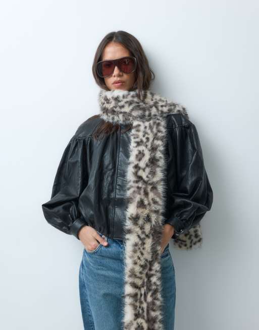 Mango faux fur skinny scarf in snow leopard print, 2 of 3