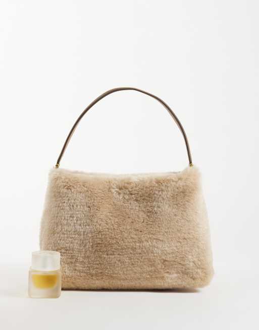 Mango faux fur small handbag in beige, 3 of 4