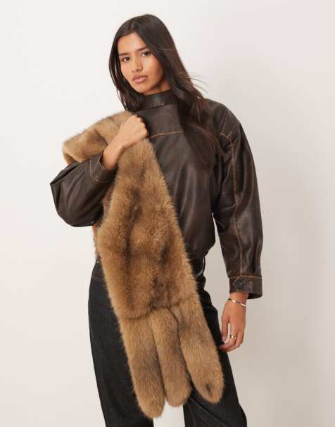 Mango faux fur stole in brown - view 1