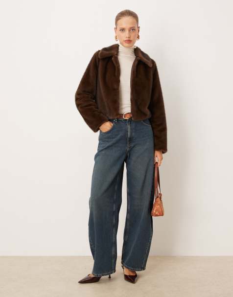Mango faux fur zip through jacket with collar in brown