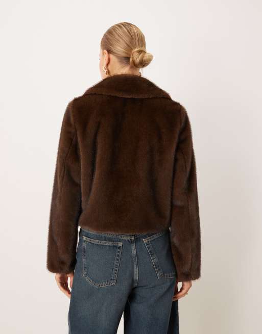 Mango faux fur zip through jacket with collar in brown, 4 of 4