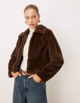 Mango Faux Fur Zip Up Jacket With Collar In Brown