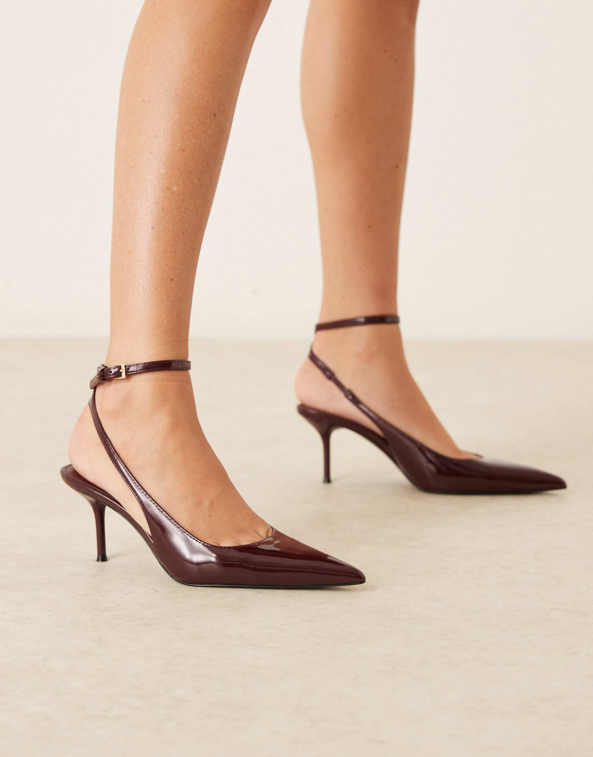 mango faux leather ankle tie pointed toe heeled slingback shoes in cherry red