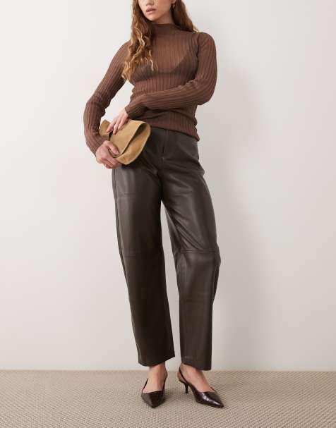 Mango faux leather barrel trouser in khaki - view 1