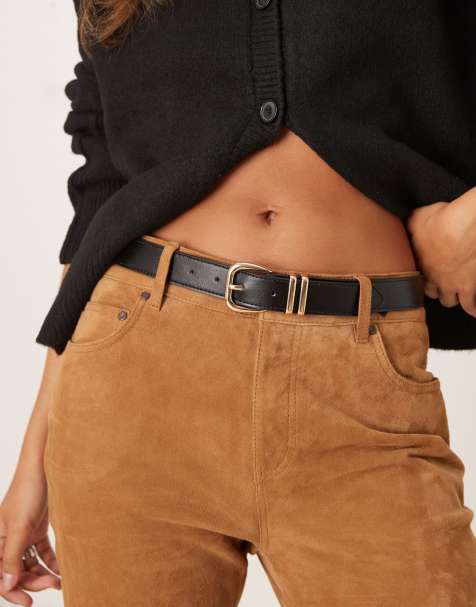 Mango faux leather belt with gold buckle in black - view 1