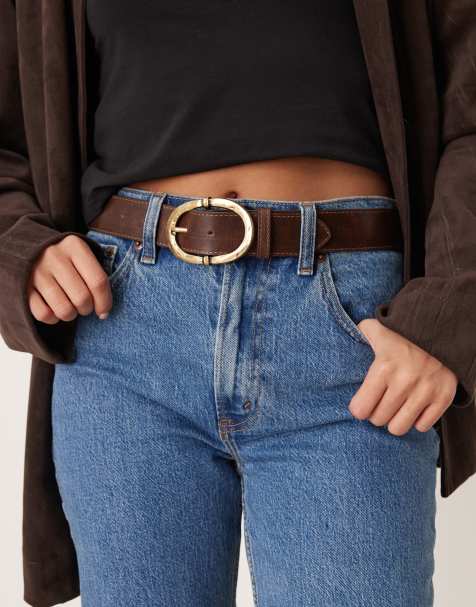 Mango faux leather belt with hammered gold buckle in tan  - view 1