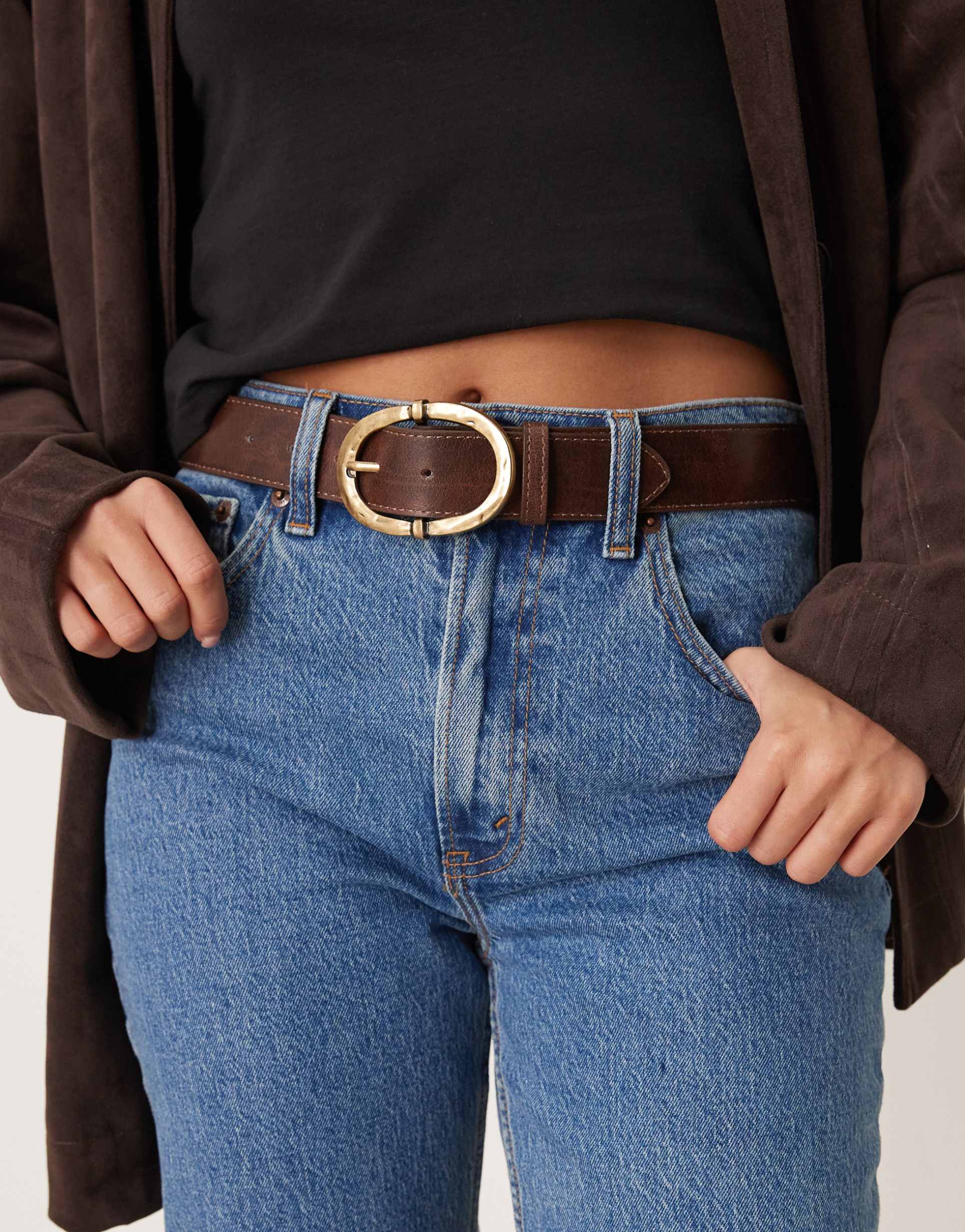 mango faux leather belt with hammered gold buckle in tan