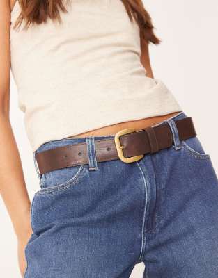 faux leather belt with large gold buckle in brown