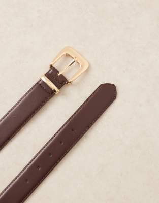 Mango Faux Leather Belt With Oversized Gold Buckle In Brown