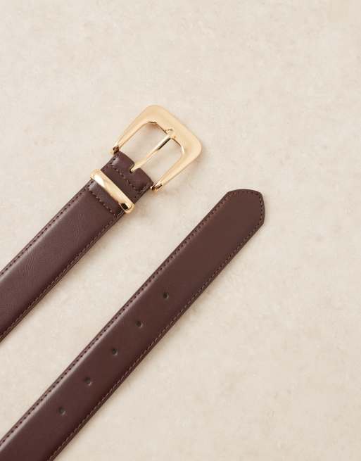 Mango faux leather belt with oversized gold buckle in dark brown