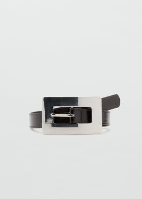 Mango Faux Leather Belt With Oversized Rectangle Silver-tone Buckle In Brown